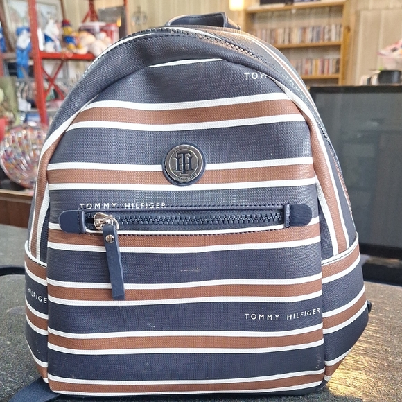 Tommy Hilfiger Blue and Brown Striped Backpack